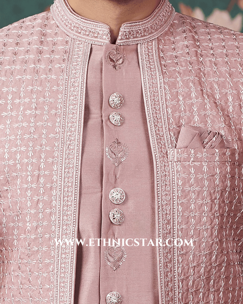 Groom Wear Rose Gold Embroidered indowestern Set